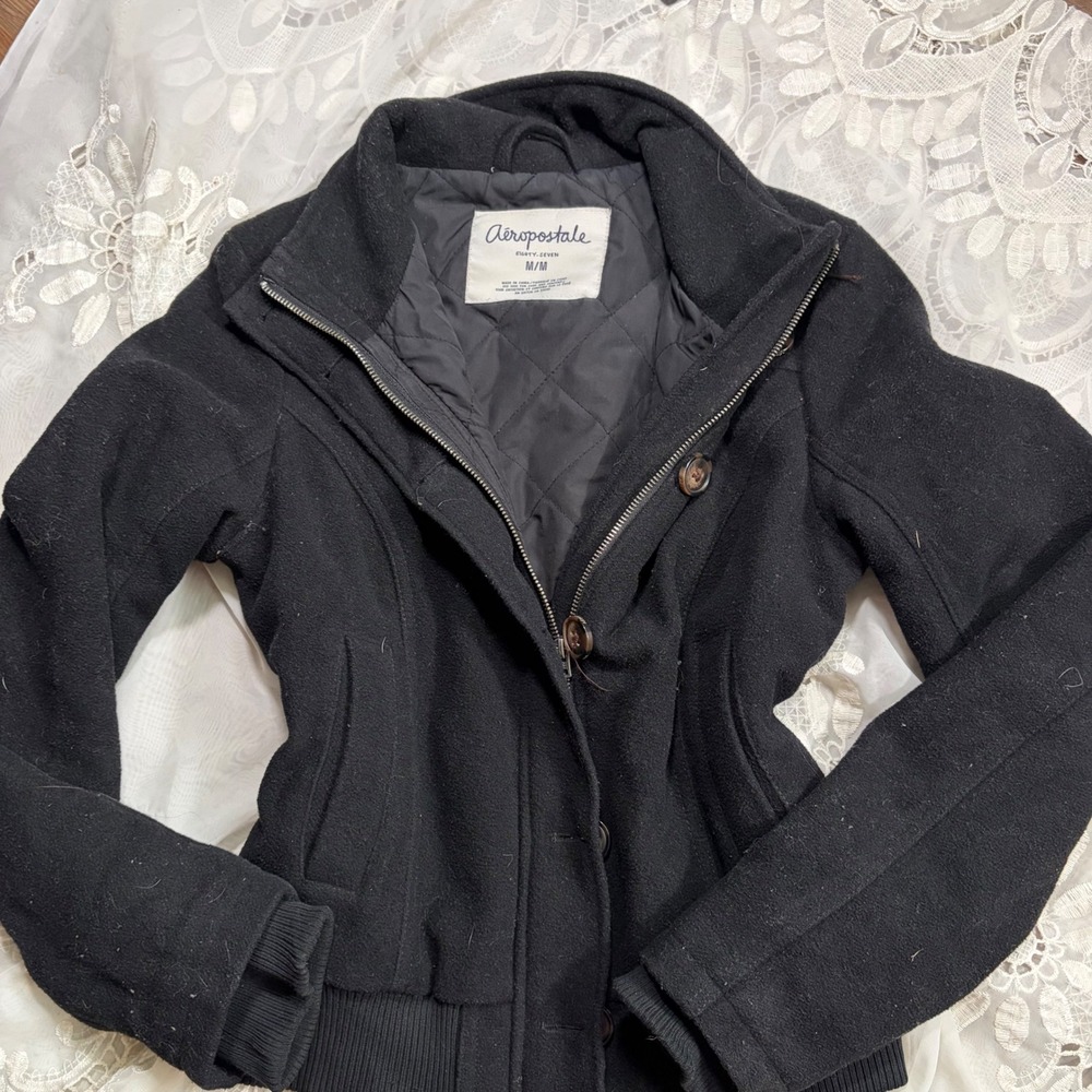 Y2K Fall Aeropostale Black Wool Blend Quilted Bomber Jacket Coat M